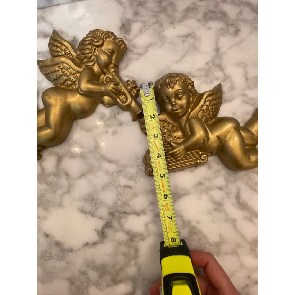 VTG Gold Wood Cherub Wall Plaques Set 2 Angels Playing Horn & Lyre 8” Christmas